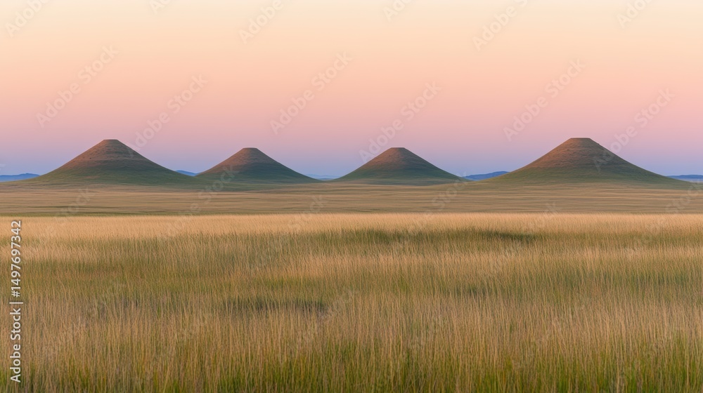 Obraz premium A serene landscape featuring a row of conical hills against a pastel sky at dawn, This image can be used for nature-themed projects, travel brochures, or background wallpaper,