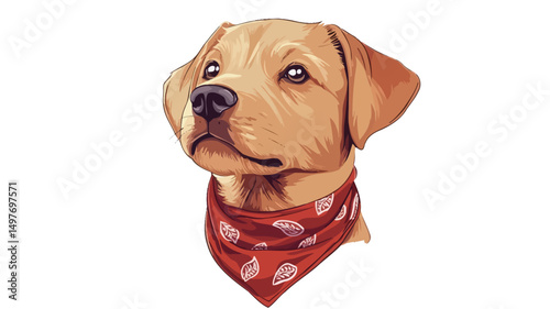 A stylized vector illustration of a golden Labrador Retriever puppy's head and shoulders against a white background. The image showcases a close-up view, emphasizing the puppy's expressive eyes and.