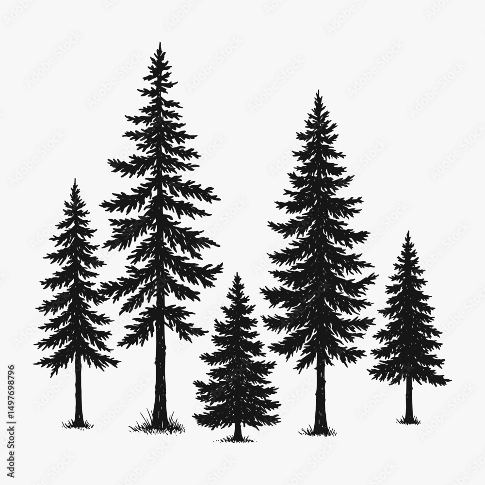 Obraz premium Hand drawing a tree pine silhouette vector