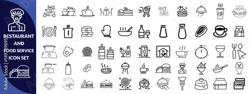 Restaurant and food service icon set. Thin line editable stroke icons for menus, meals, dining, drinks, cafes, bars, delivery, culinary branding, types of food and restaurants. icon Design big set.