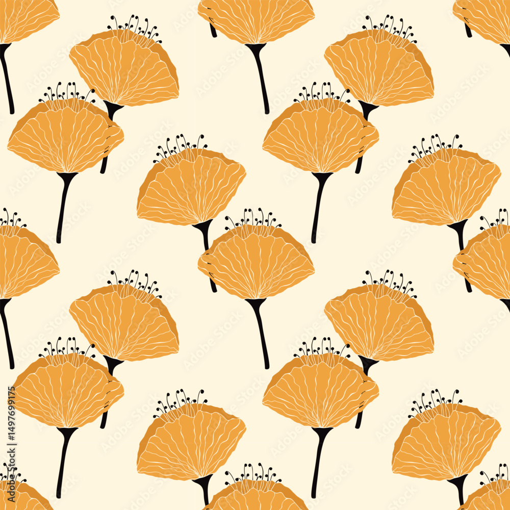 Obraz premium Yellow silhouettes of Eschscholzia flowers. California poppy pattern, golden poppy.