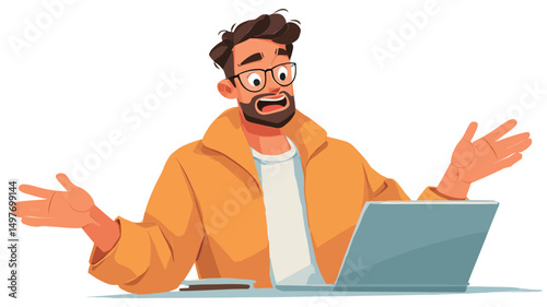 A digital illustration depicting a man with a surprised expression. He is depicted from the waist up, seated before a grey laptop. His arms are raised in a gesture of bewilderment or confusion. He...