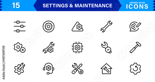 Settings Maintenance Line Icons Set. Configuration, system update, technical support, tools, service editable stroke icon vector collection