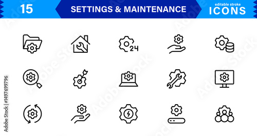 Settings Maintenance Line Icons Set. Configuration, system update, technical support, tools, service editable stroke icon vector collection