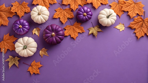 Fototapeta Naklejka Na Ścianę i Meble -  Beautiful arrangement of pumpkins and autumn leaves creating a vibrant fall season composition
