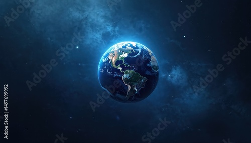 Planet Earth in deep space with blue tones. The globe of planet in a dark blue cosmos. Space exploration, astronomy themes. Universe, galaxy, stars, night sky, cosmos, environment, nature.