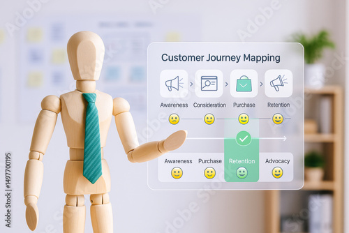 Wooden mannequin presenting customer journey map with icons and smiley faces showing stages of awareness, consideration, purchase, retention
