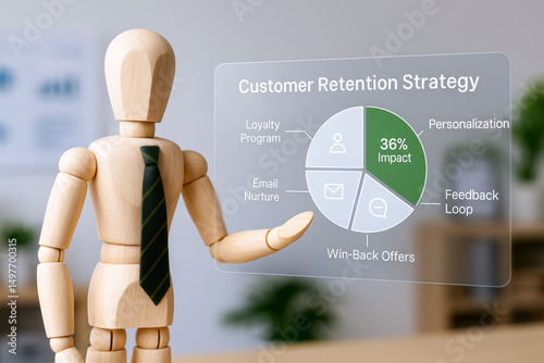 Wooden mannequin dressed tie presents digital customer retention strategy diagram with impact percentages and key elements like personalization