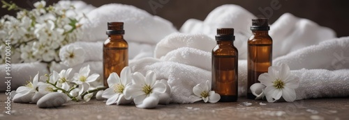 White blossoms, smooth stones, essential oil bottles, soft towels , pure, soft, still life