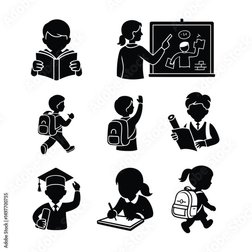Educational Icons: Diverse Black Silhouette Designs for Learning