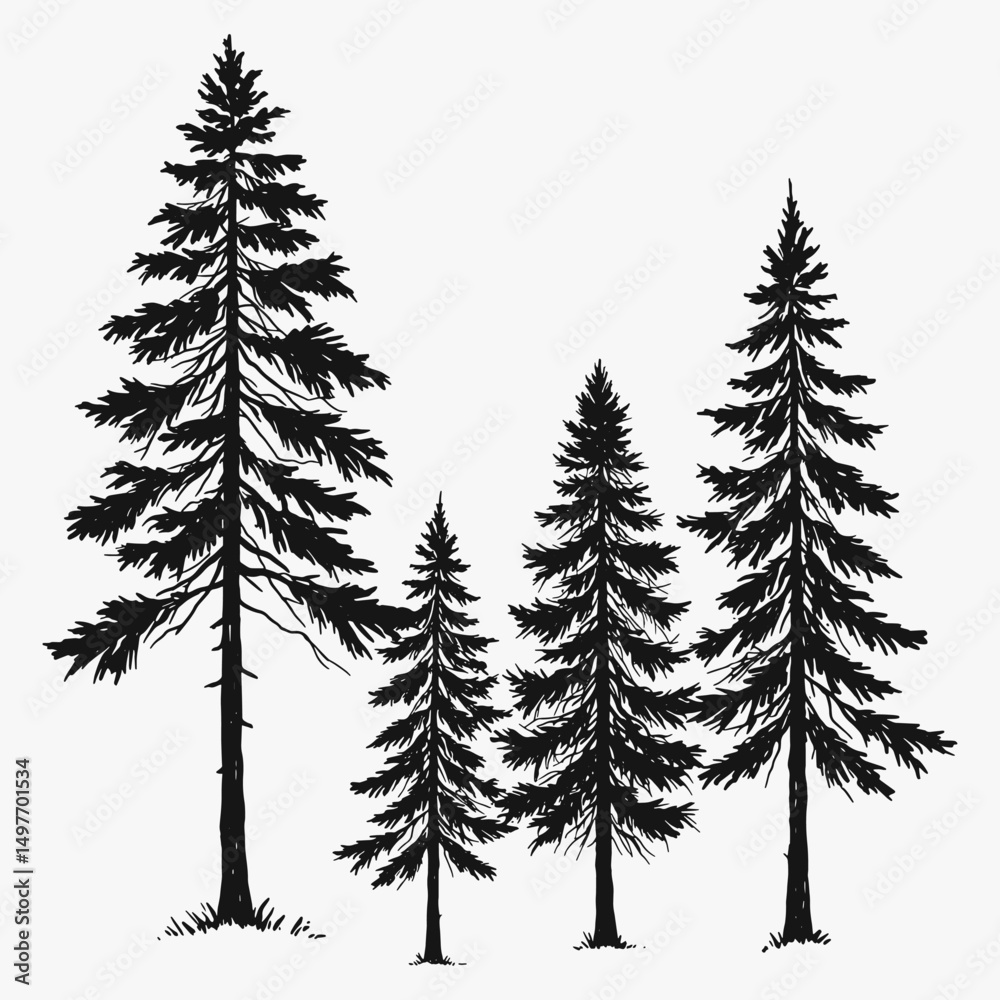 Obraz premium Hand drawing a tree pine silhouette vector