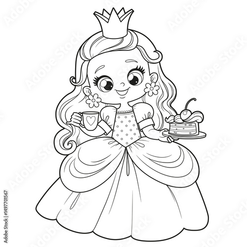 Cute cartoon princess in a lush dress with a piece of cake on a plate and a cup of tea outlined for coloring page on a white background