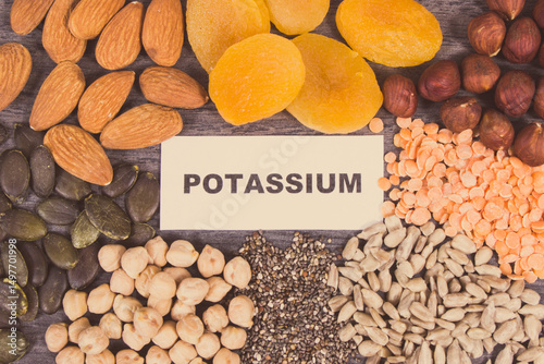 Konstfotografi Inscription potassium with nutritious ingredients containing natural minerals an