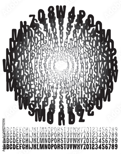 Set of simple rounded distorted fonts with letters of varying thickness on theme of disappearance. Set of letters and numbers of latin alphabet. font composition with letters in a circle. Not used AI