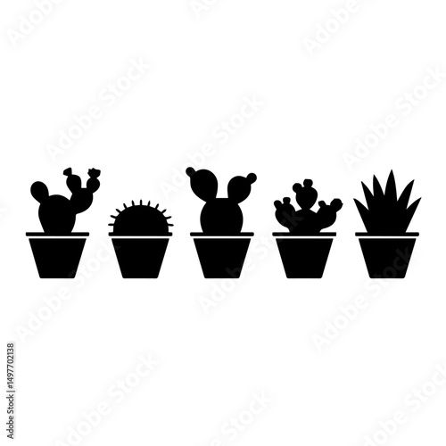 Silhouette illustration of six different potted cactus and succulent plants arranged in a row. The vector design features diverse plant shapes in black on a white background, ideal for decoration them
