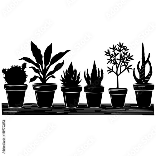 Silhouette illustration of six different potted cactus and succulent plants arranged in a row. The vector design features diverse plant shapes in black on a white background, ideal for decoration them