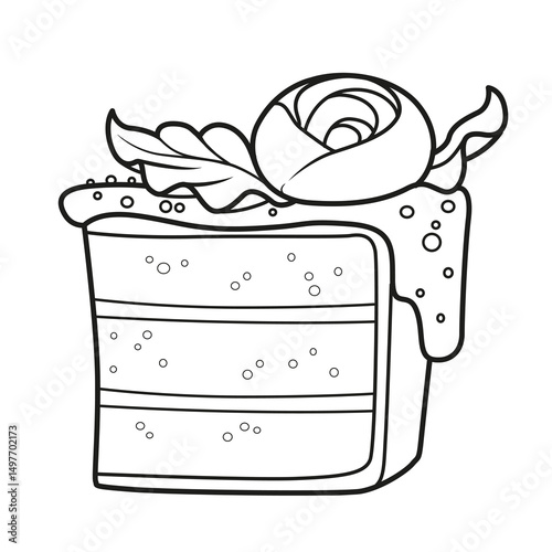 Large piece of cake with cream flower outlined for coloring page on a white background