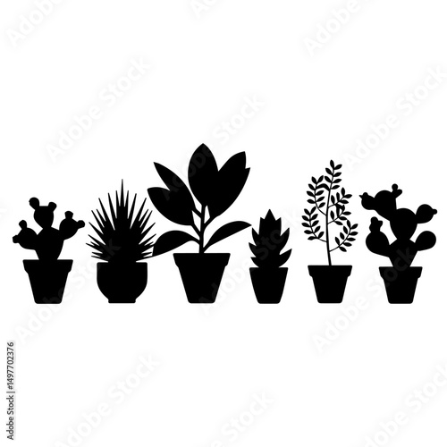Silhouette illustration of six different potted cactus and succulent plants arranged in a row. The vector design features diverse plant shapes in black on a white background, ideal for decoration them
