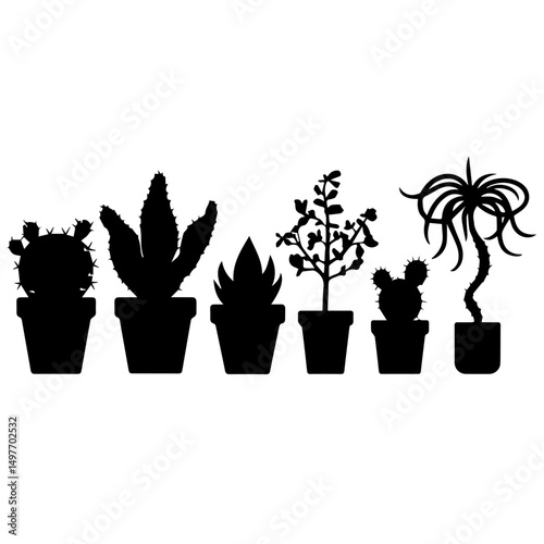 Silhouette illustration of six different potted cactus and succulent plants arranged in a row. The vector design features diverse plant shapes in black on a white background, ideal for decoration them