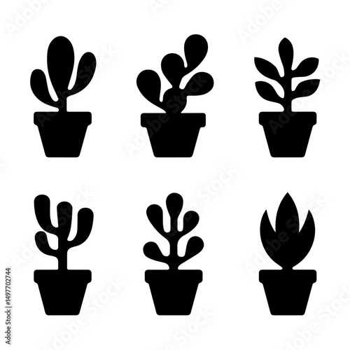 Silhouette illustration of six different potted cactus and succulent plants arranged in a row. The vector design features diverse plant shapes in black on a white background, ideal for decoration them