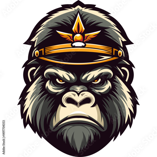 army commander gorilla face in flat color block editable vector illustration suitable for t-shirt print and cartoon graphics