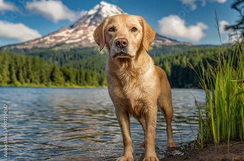 a brown retriever stands on the edge of trillium lake photo
