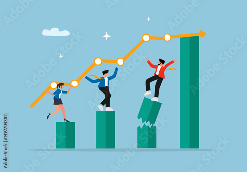 Business Teamwork Supporting Each Other on Growth Bar Graph with Broken Column and Upward Arrow Line Chart Concept for Career Success and Company Strategy Illustration

