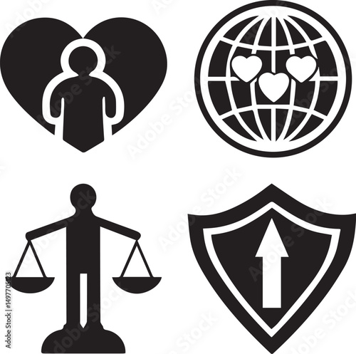 Modern Human Rights Icons Heart Shield Gavel and International Flag