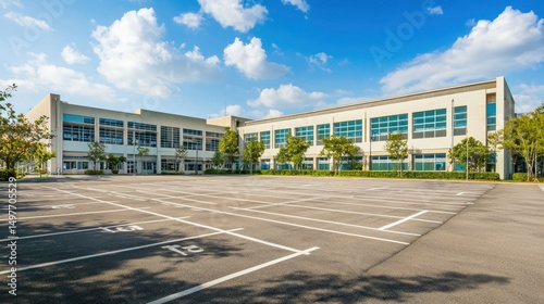 High school building with large parking lot and signage
