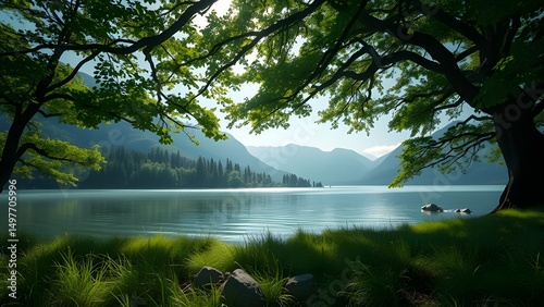 Hyperrealistic landscape, serene lake scene. Lush green foliage of trees and plants, casting deep shadows on the vibrant green grass by a tranquil lake.  Dark, rich greens dominate the scene..
