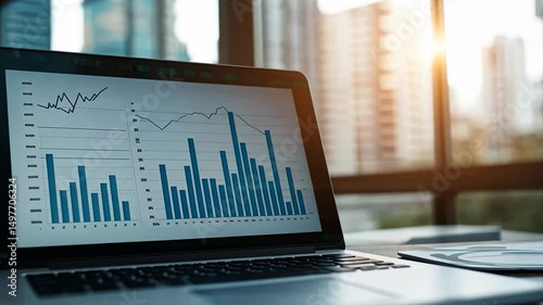 Laptop displays financial graphs, city view, workday
