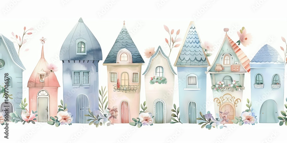 Obraz premium Watercolor painting of cute, pastel-colored row of houses with flowers on a white background
