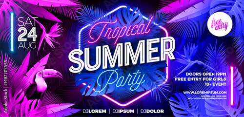 Summer Party Banner Design Template with Glowing Neon Light on Fluorescent Tropic Leaves Background. Vector Summer Celebration Holiday Illustration for Banner, Flyer, Invitation or Celebration Poster.