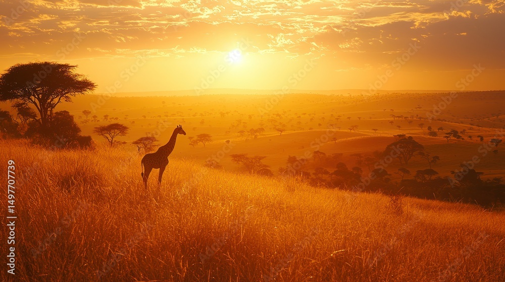 Fototapeta premium Golden African Sunset with Giraffe