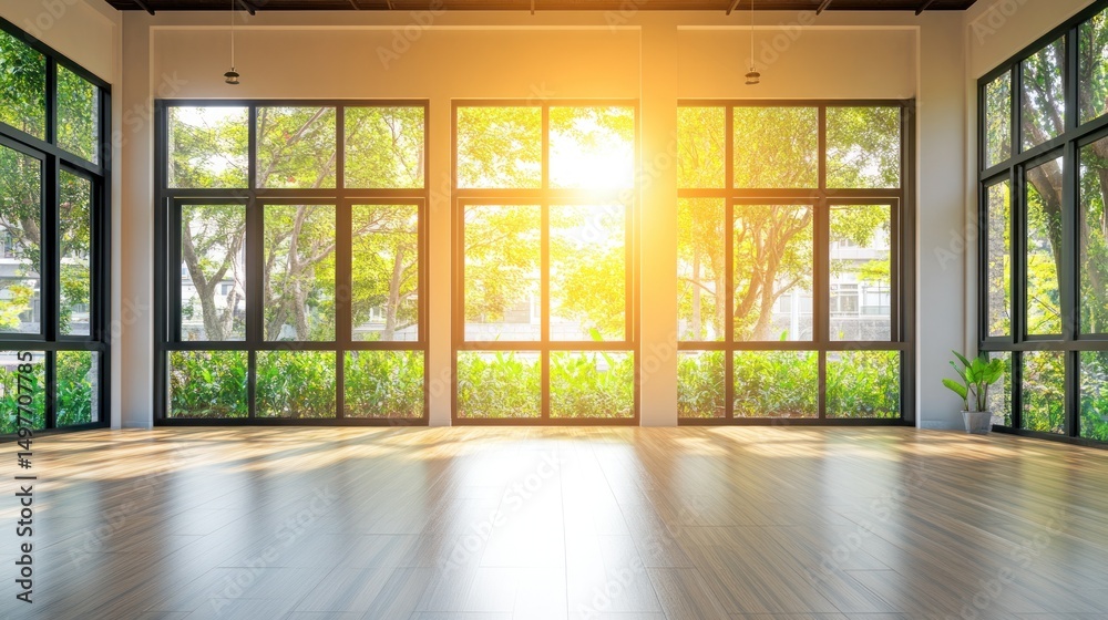 Fototapeta premium Sunlit empty room with large windows and hardwood floor.