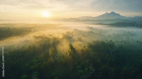 Fototapeta Naklejka Na Ścianę i Meble -  Sunrise over misty tropical rainforest.