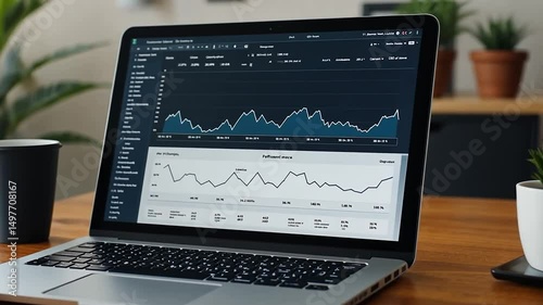 Office laptop displays financial graphs; blurred background