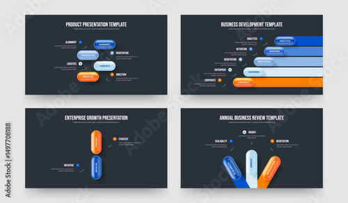 Creative Visualization 4 5 2 3 Element Diagram Slide Design Set. Service Planning Four Five Two Three Step Infographic Slideshow Layout Vector Illustration Bundle.