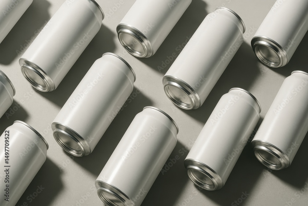 Fototapeta premium Sleek Aluminum Beverage Cans: A symmetrical arrangement of clean, minimalist aluminum cans, perfect for illustrating concepts of product design, packaging, and refreshment.