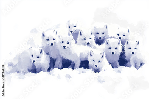 Group of Arctic foxes playing in the snow, with their white fur blending into the icy landscape