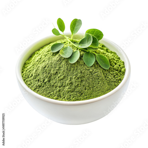 Bowl of Moringa Powder with Fresh Leaves a Superfood Nutritional Supplement photo