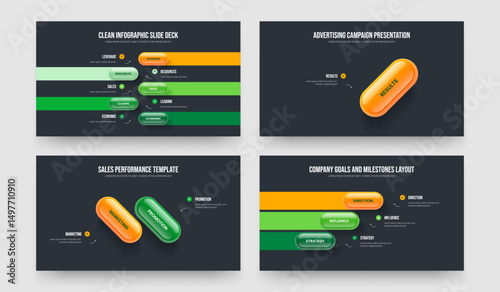 Corporate Report Five One Two Three Element Diagram Slide Template Vector Illustration Set. Business Portfolio 5 1 2 3 Option Infographic Slideshow Layout Bundle.