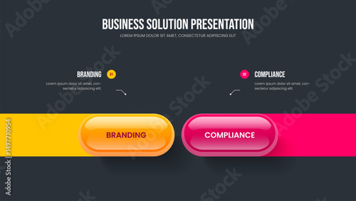 Project Portfolio Two Option Diagram Slide Template. Company Overview 2 Element Infographic Presentation Layout. Professional Development Frame Design Vector Illustration.
