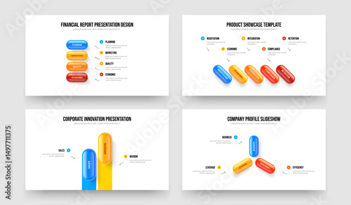 Digital Launch Four Five Two Three Element Diagram Frame Template Vector Illustration Bundle. Marketing Strategy 4 5 2 3 Option Infographic Slideshow Design Set.