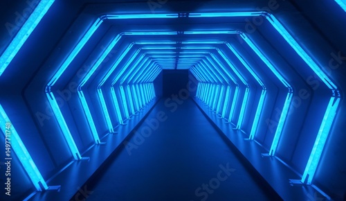 A futuristic tunnel illuminated with blue neon lights