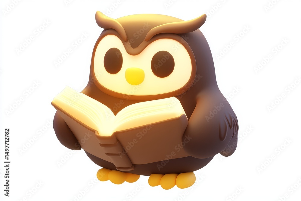 Fototapeta premium 3D Cartoon Owl Bookkeeper Icon with Chocolate Brown and Parchment Yellow Colors, Ultra High Definition Isometric View on White Background, Detailed Studio Lighting