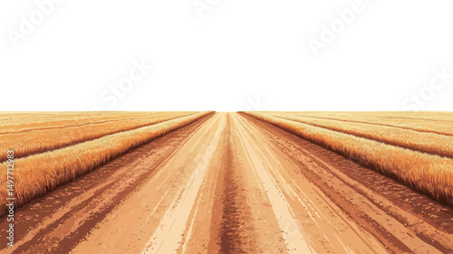 The image presents a high-angle, long shot of a dirt road bisecting a vast wheat field. The road, appearing light brown with subtle tire tracks, leads directly towards the horizon, creating a.
