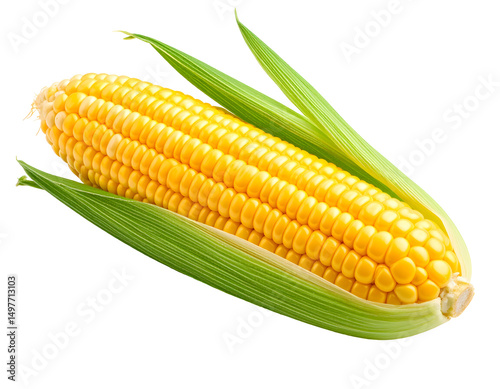 Close-up of a corn cob with vibrant yellow kernels and green husks. Isolated transparent background photo