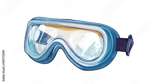 Close-up shot of a pair of blue swimming goggles isolated on a white background. The goggles have a light blue frame with clear, slightly reflective lenses. A subtle, dark blue strap is visible on.