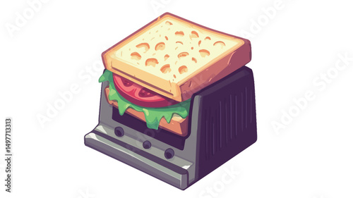 Isometric illustration of a simple sandwich, composed of two slices of bread, a tomato slice, and lettuce, nestled within a dark-grey toaster. The style is cartoonish, with vibrant and slightly.